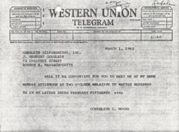 Telegram from Cornelius Moore to J. Herbert Gebelein 3/1/63