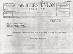 Telegram from J. Herbert Gebelein to Cornelius Moore 3/1/63